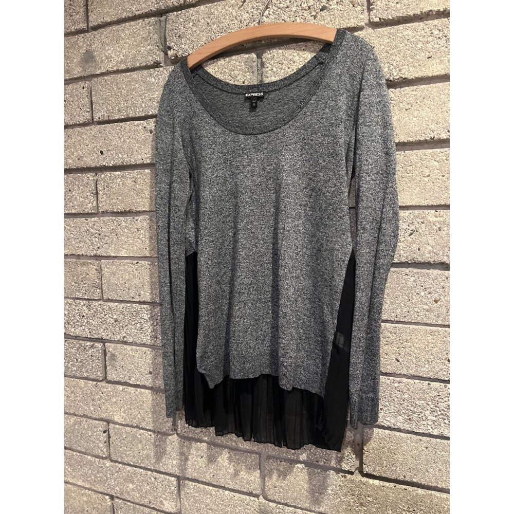 Express Gray Knit Top With Black Sheer Pleated Hemline Long Sleeves Womens M - Picture 2 of 6